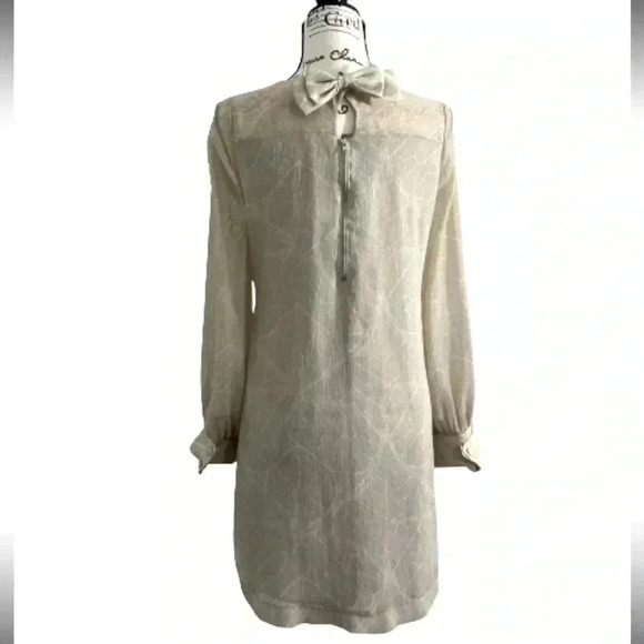 H&M DRESS SHIFT MIDI LONG SLEEVE SCOOP MECK TAN BONE CREAM SNAKE PRINT SIZE 10 - Picture 3 of 11